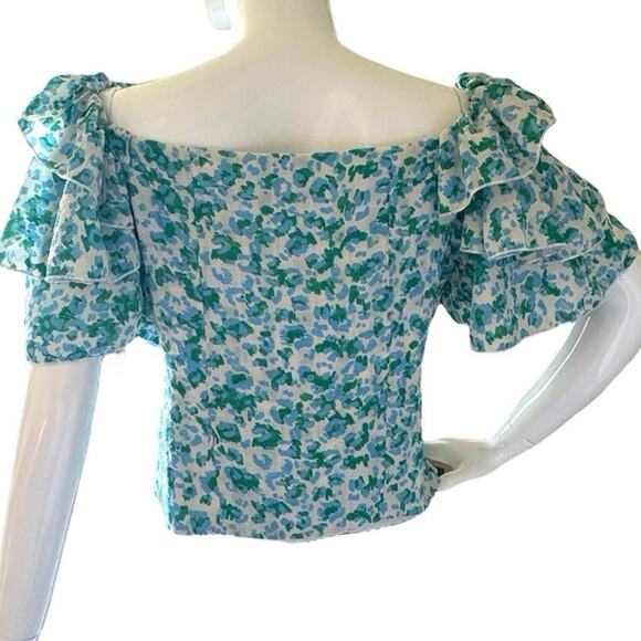 Molly Bracken Blue Green Ruffle Sleeve Top Medium - Picture 4 of 5